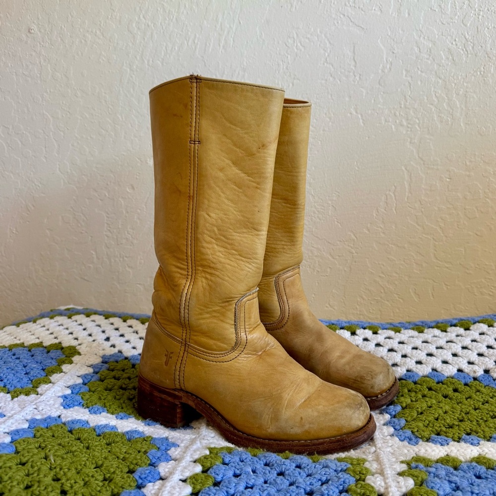 Frye Vintage Banana Leather Campus Tan Leather Heeled Boots